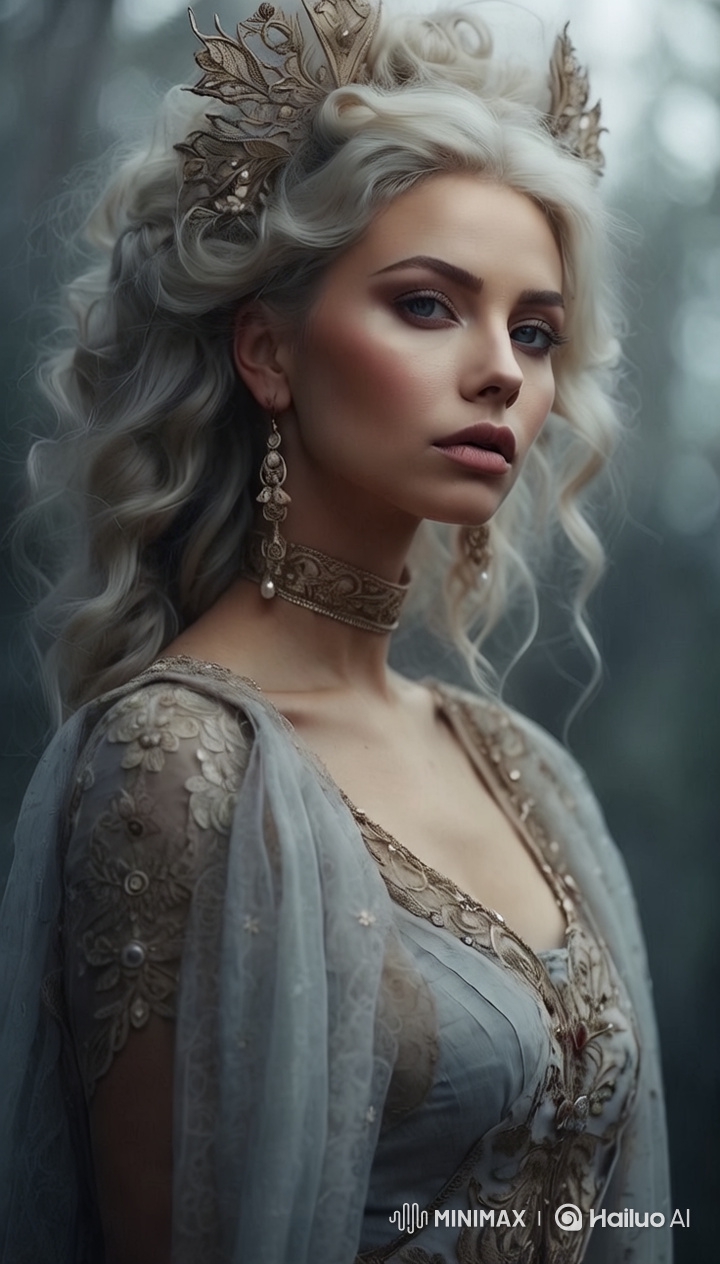 Elegant Woman in Ornate Gown: A Serene, Aesthetic Scene