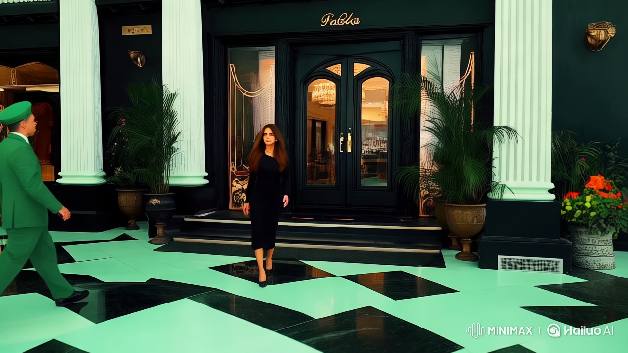 Woman in Black Dress Enters Elegant, Nostalgic Hotel