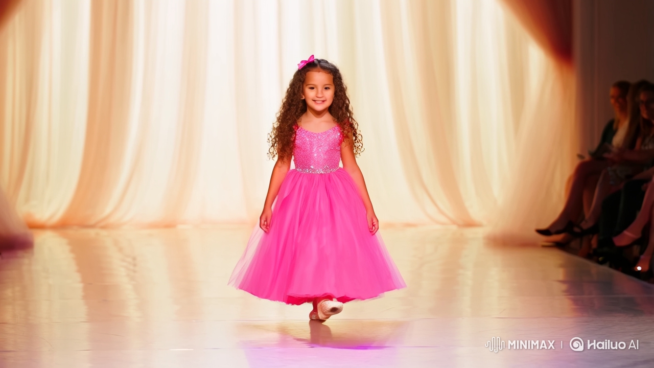 Cute Girl in Ball Gown Struts Runway with Enchanting Grace