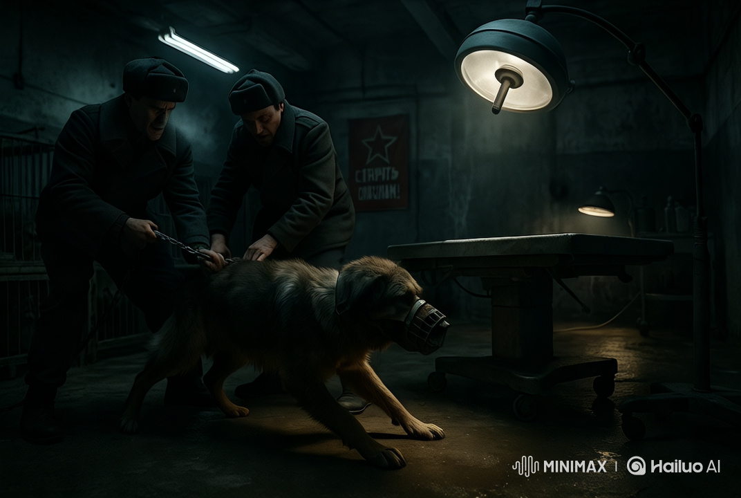 Dog Struggles Against Soldiers in Desaturated Lab Scene