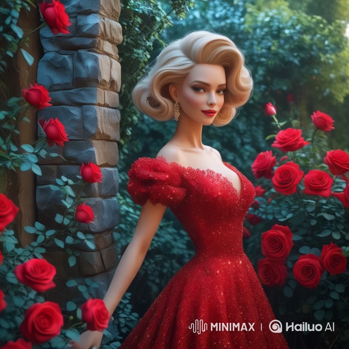 Elegant Woman in Red Gown Amidst Roses