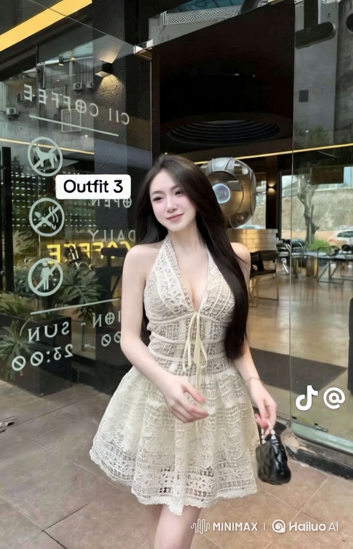 Young Woman Showcases Lace Dress in Modern Coffee Shop Setting
