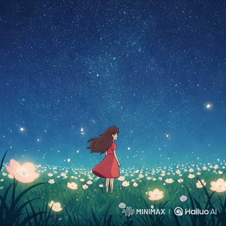 Ghibli-Inspired Girl Runs Joyfully Through Firefly-Lit Meadow