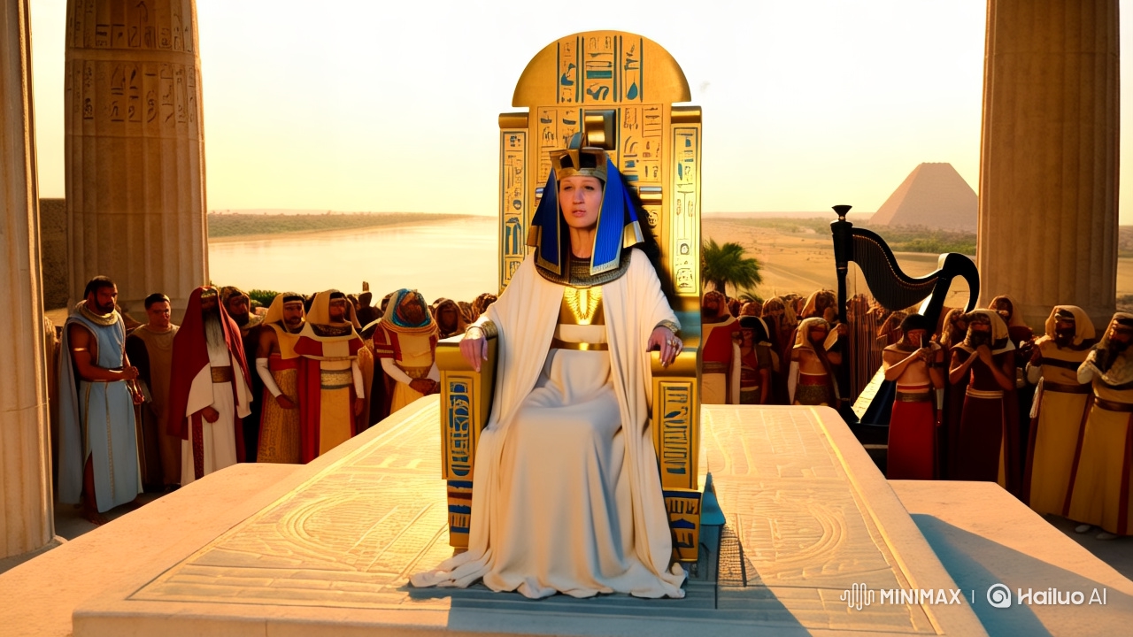 Cleopatra on Throne Amidst Ancient Egyptian Splendor