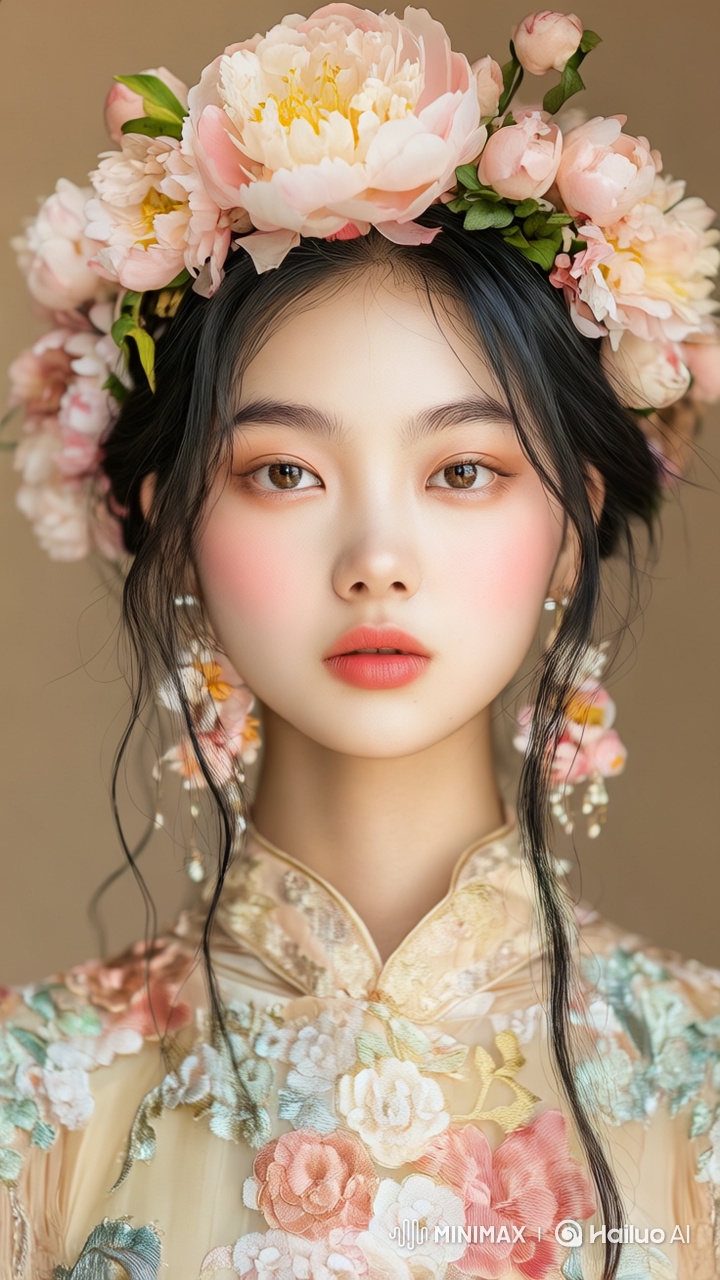 Live2D Video: Graceful Model in Embroidered Outfit with Floral Headdress