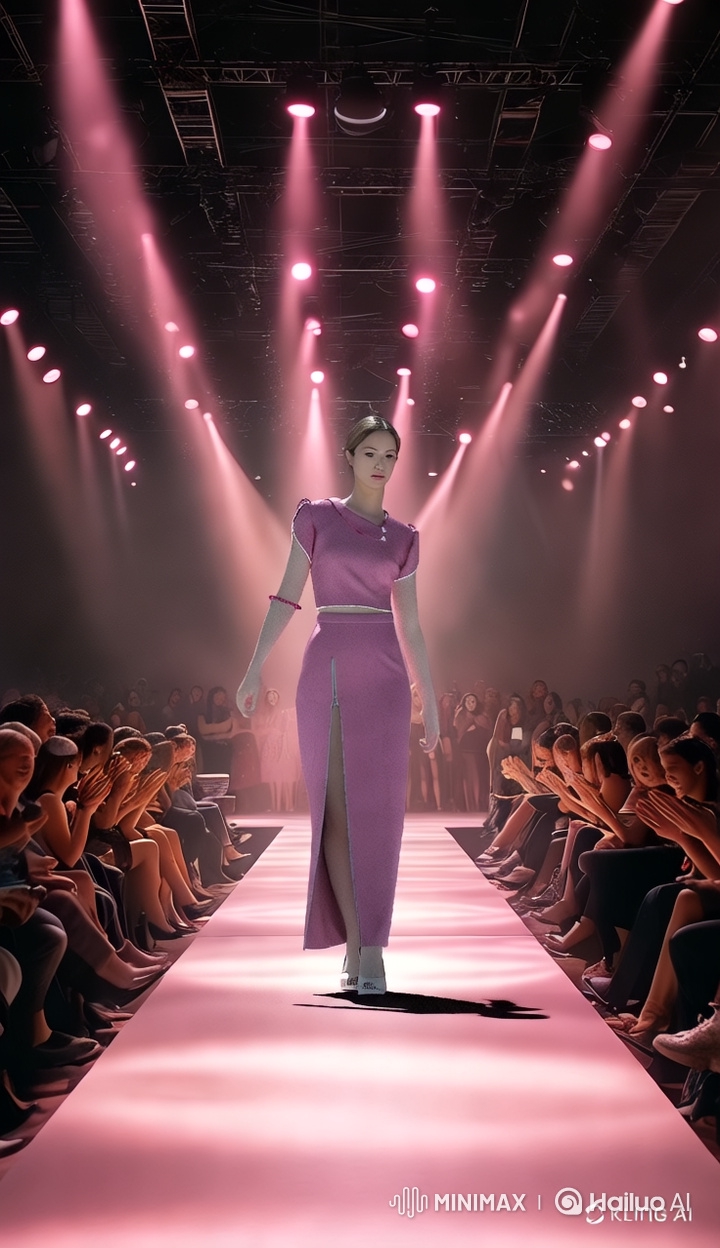 Poised Model Struts in Mauve Gown on Pink-Lit Runway