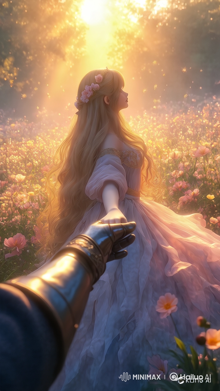 Elegant Woman in Pastel Gown Amidst Enchanted Golden Field