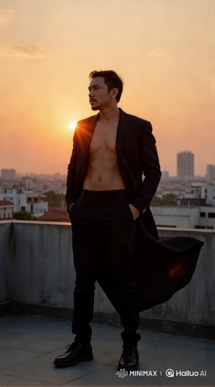 Athletic Man Poses on Rooftop at Golden Hour