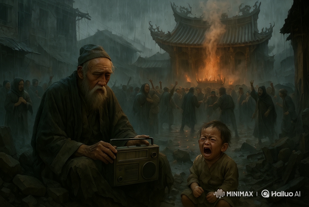 Distress in a War-Torn Village: Elder, Child, and Flames