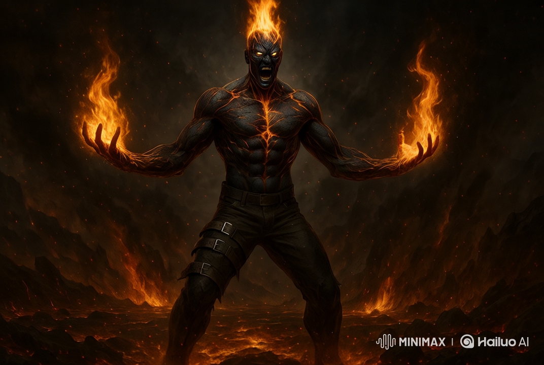 Brand-inspired humanoid on a volcanic battlefield.