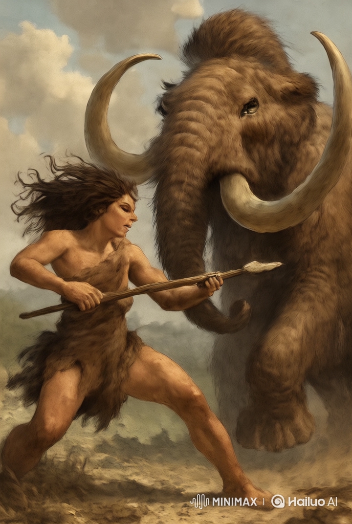 Caveman Faces Woolly Mammoth in Prehistoric Showdown
