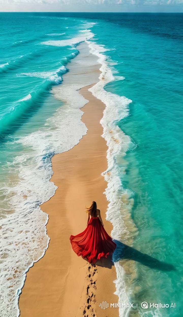 Girl in Red Dress Strolls on Pristine Beach with Elegance