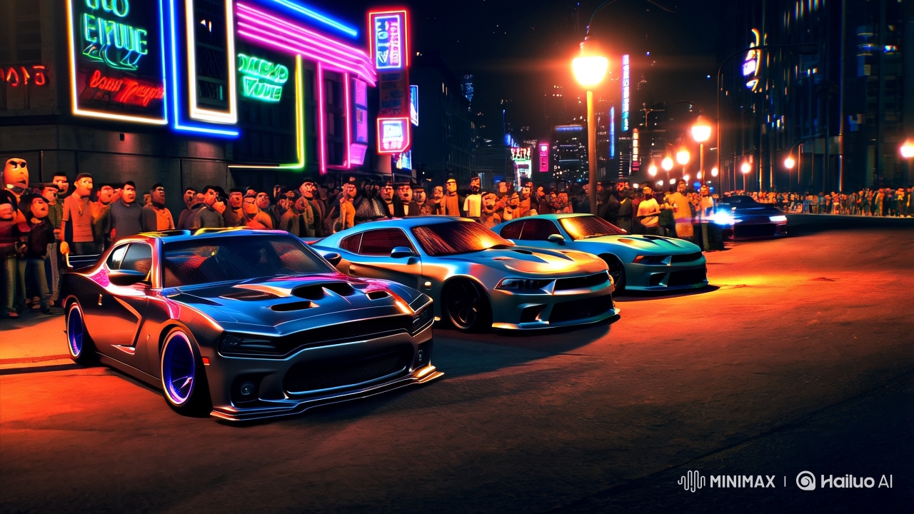 Neon-Lit City Street Race with Slow-Mo Drama