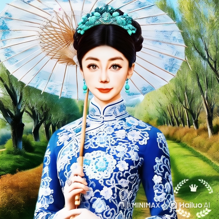 Elegant Woman in Blue Dress Showcases Serene Pathway