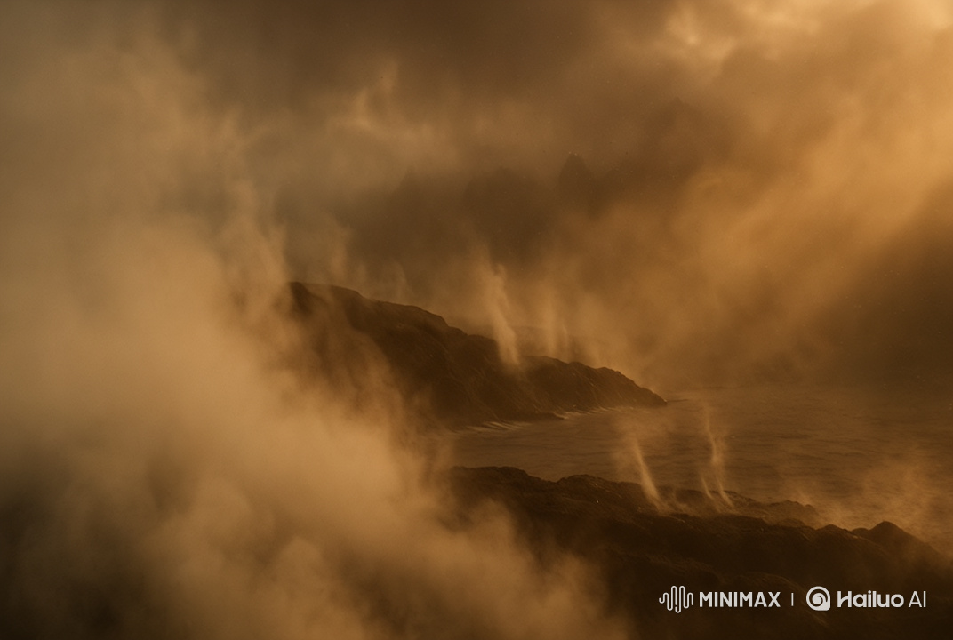 Volcanic Shoreline: Golden Hour Mist and Ash Imagery