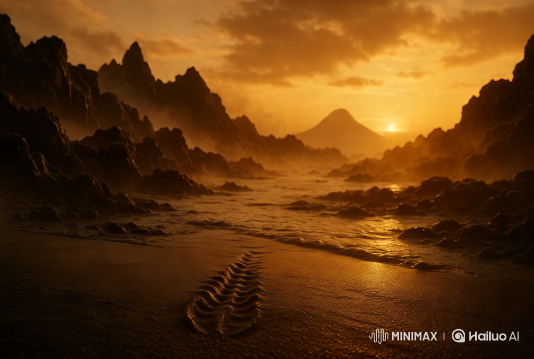 Golden-hour beach with volcanic backdrop