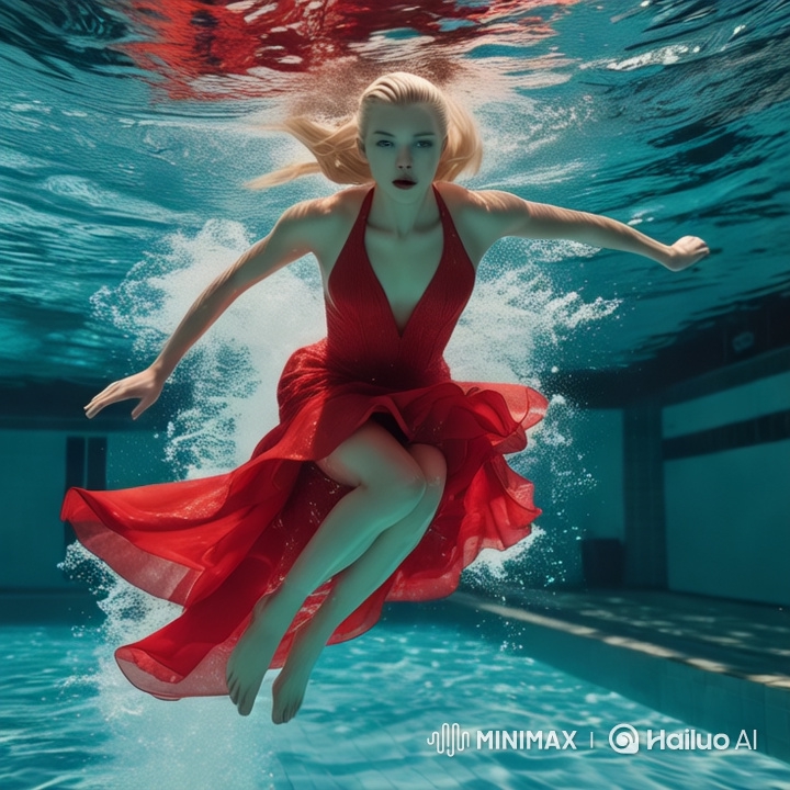 Woman in Red Dress Leaps in Crystal Pool with Elegance