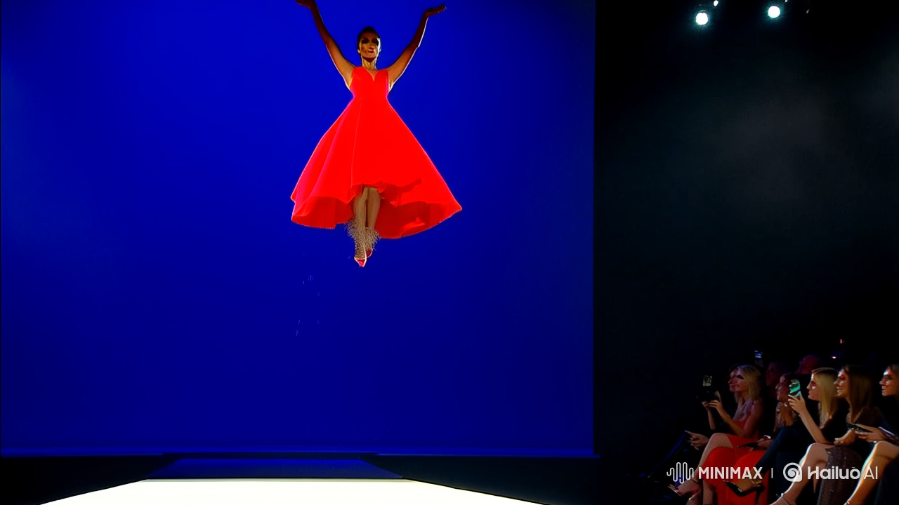 Woman in Red Dress Gracefully Descends Fashion Catwalk