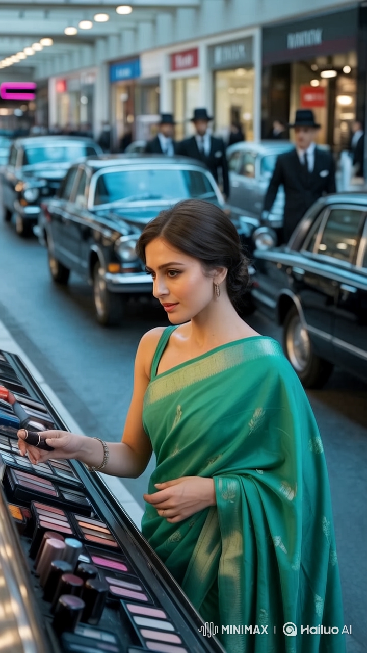 Elegant Turkish Woman in Saree, Luxury Mall Setting