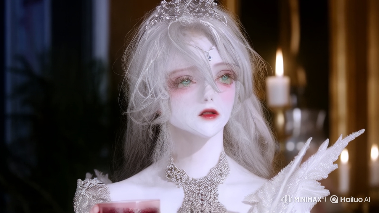 Mysterious Woman in Elaborate Dress Sips Crimson Liquid