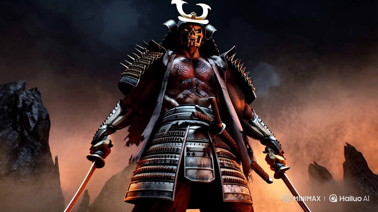 Four-Armed Demonic Samurai in Hellish Landscape
