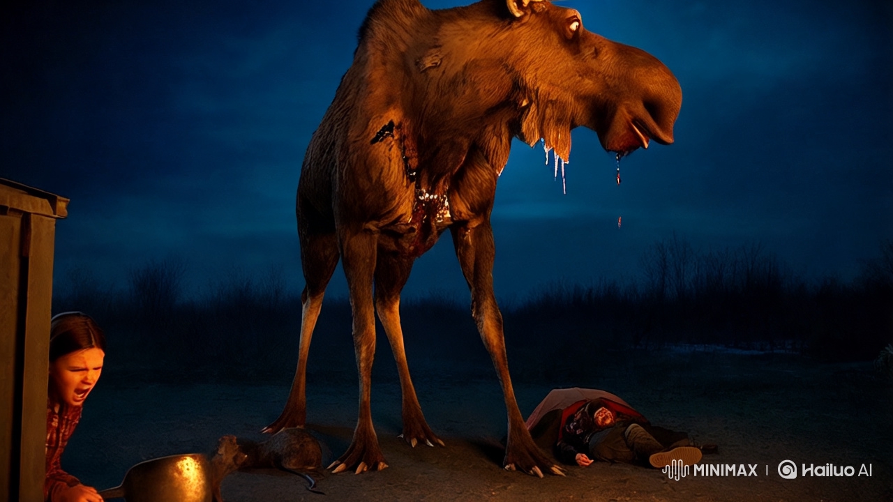 Apocalyptic Chaos: Moose Monstrosity vs. Survivors in Snowy Night