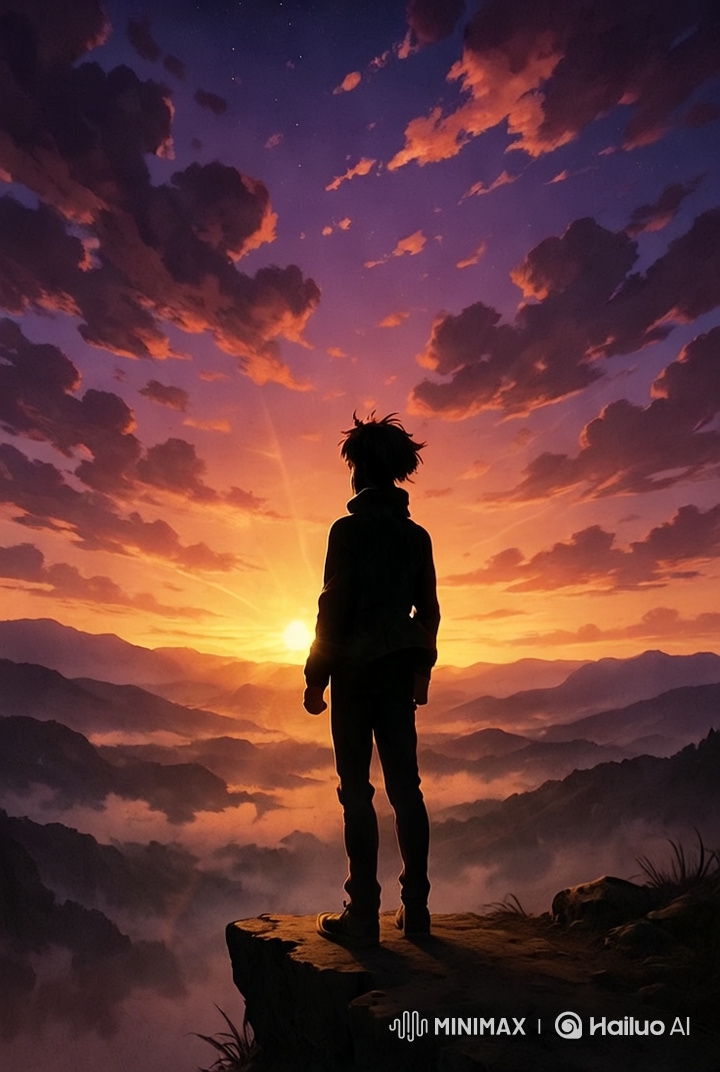 Sunrise Silhouette: Anime Panoramic Cliff Scene