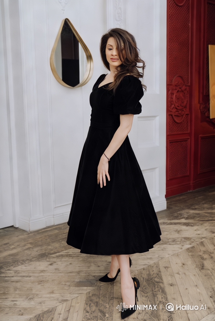 Elegant Woman in Black Dress Showcases Graceful Movement in Grand Palace Setting