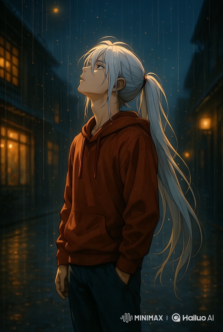 Anime Boy Reflects in Rainy Night School