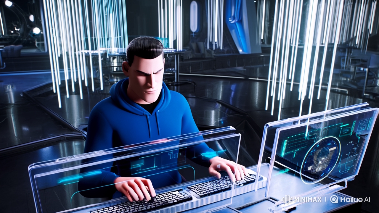 Cyberpunk Hacker Monitors Progress in Futuristic Room