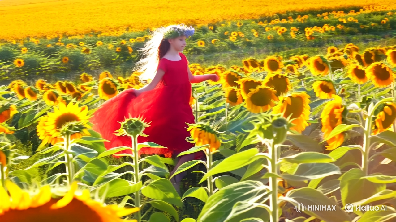 Sunflower Field Ballet: Girl in Red Dress