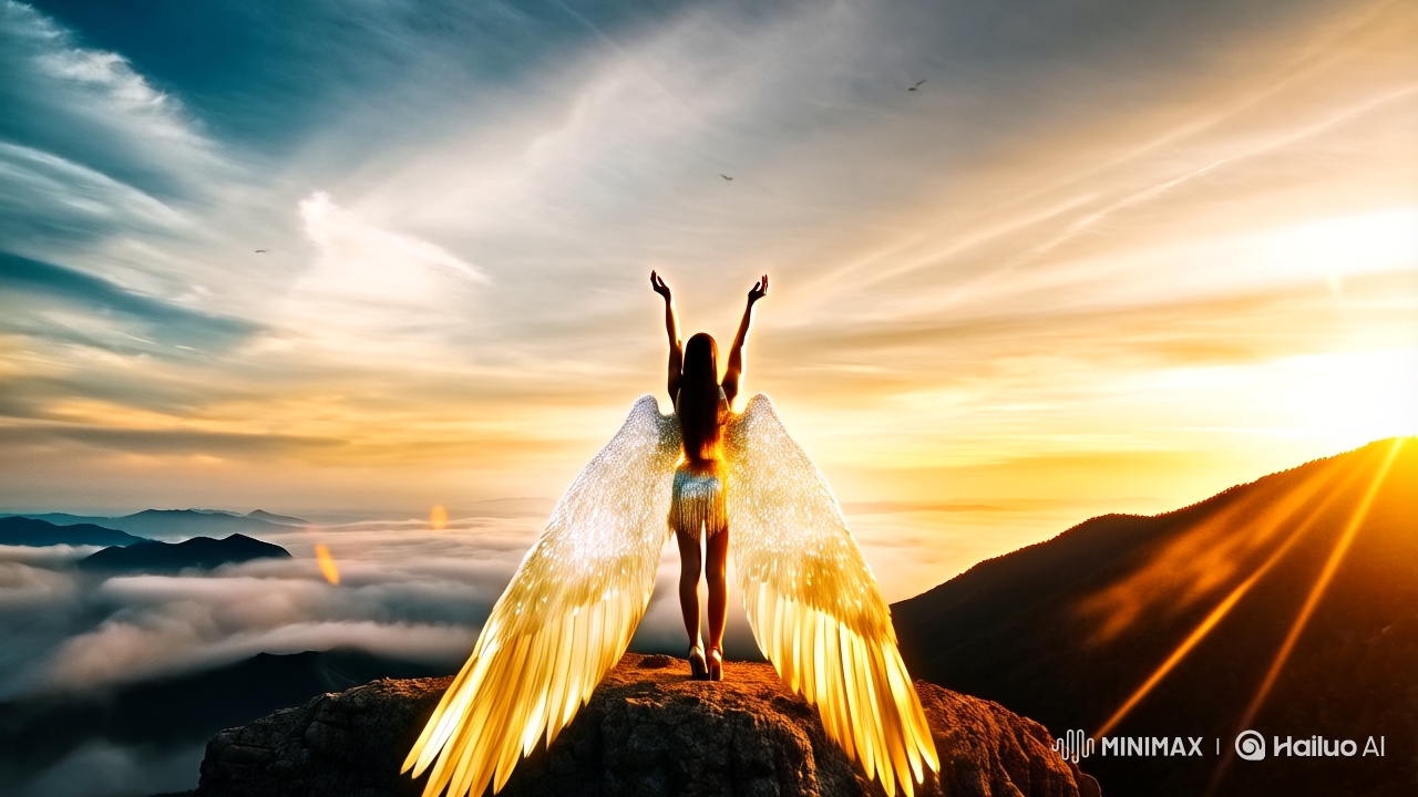 Radiant Woman with Wings Amidst Majestic Sunrise
