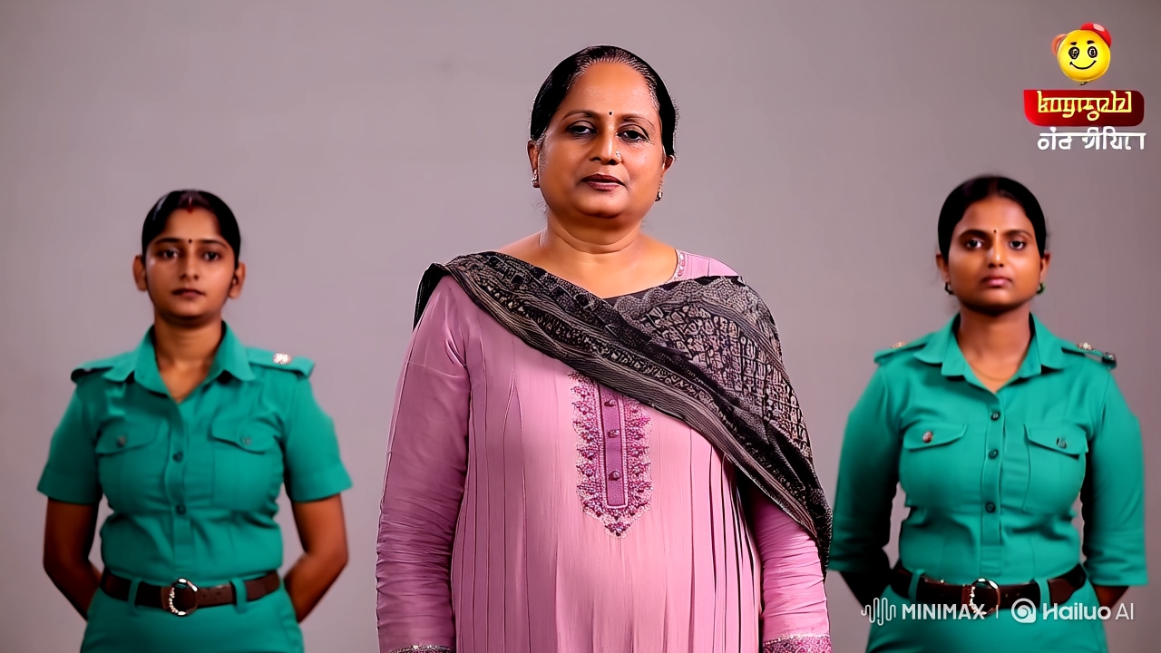 Three Women in Uniform and Traditional Dress Stand in Symmetrical Row