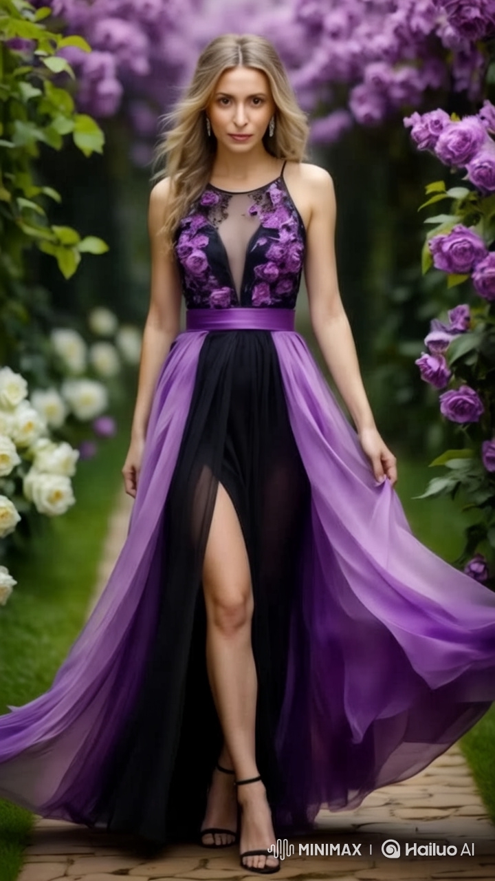 Woman in Black and Purple Gown Strolls Through Colorful Garden