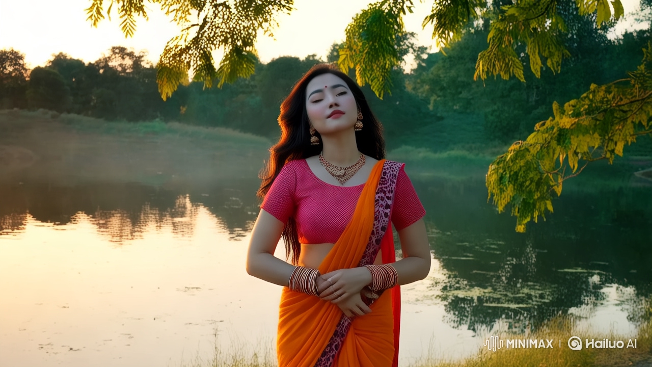 Tranquil Lake Scene: Serene Woman in Traditional Indian Dress
