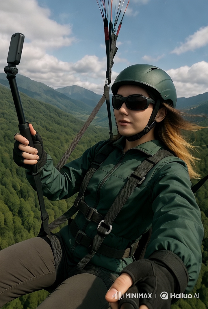 Young Woman Paragliding with Cinematic Selfie Footage