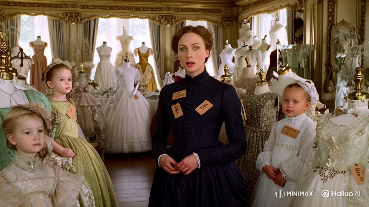 Victorian Elegance: A Woman's Grace in an Opulent Dress Shop