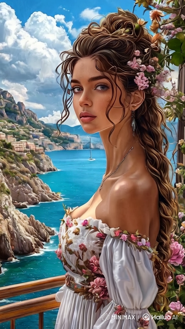Elegant Woman in Floral Dress Amidst Coastal Scenery