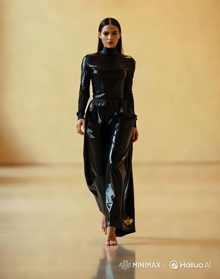 Luxurious Runway Walk: Model in Black Latex, Full Glamour