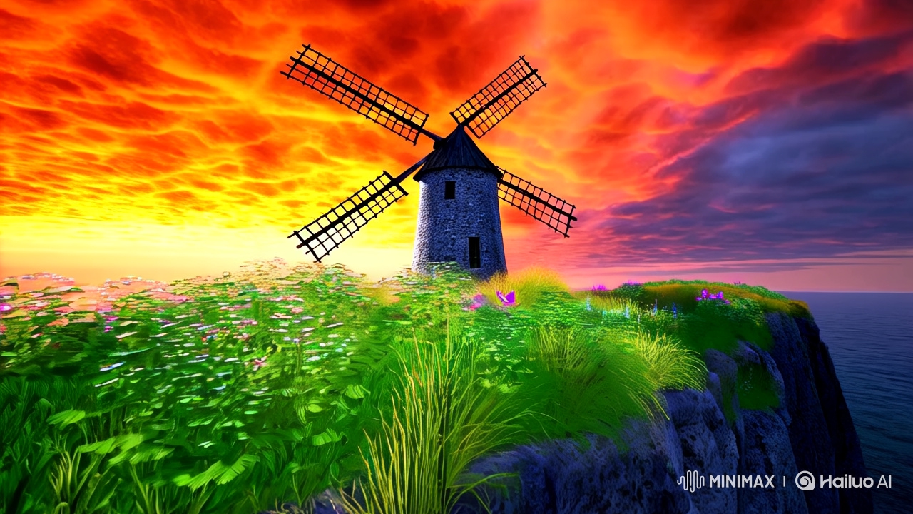 Ancient Stone Windmill at Sunset by the Sea