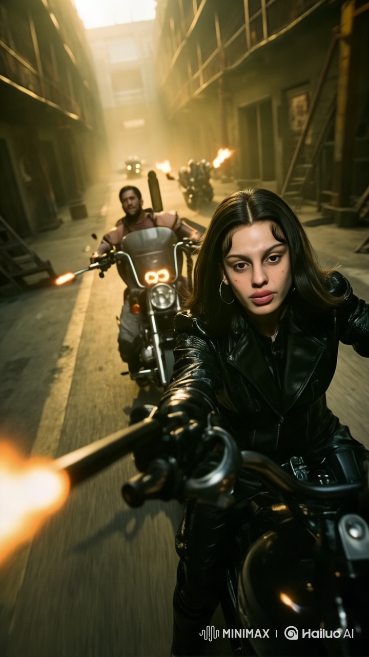 Industrial Alley Motorcycle Chase with High Aesthetic Style