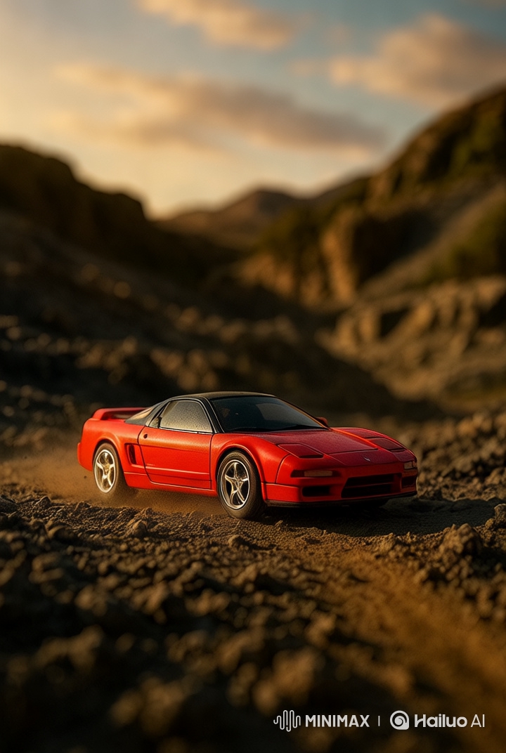 Red Sports Car Dashes Through Dusty Sunset Trail