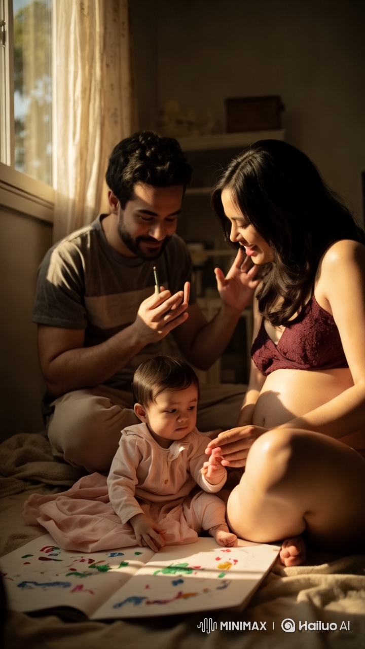 Family Joy: Toddler Colors, Parents Celebrate in Sunlit Room