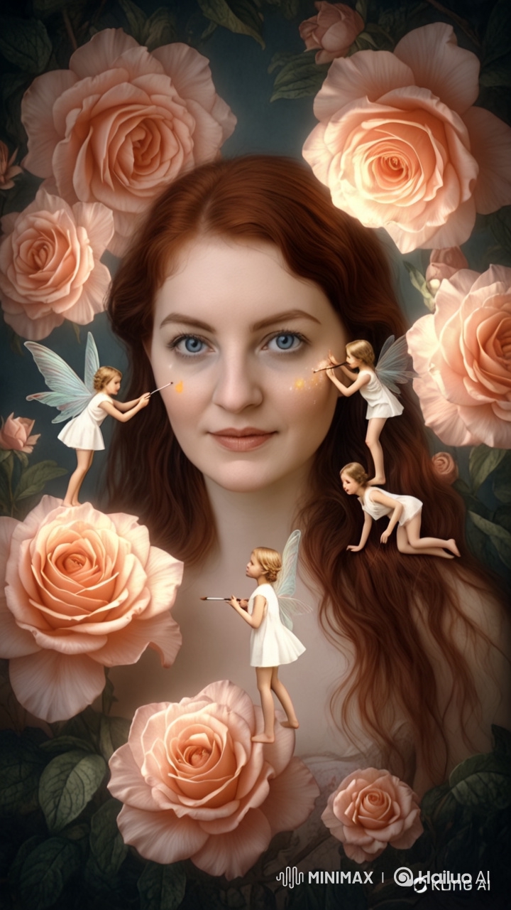 Whimsical Portrait of a Woman with Fairies and Roses