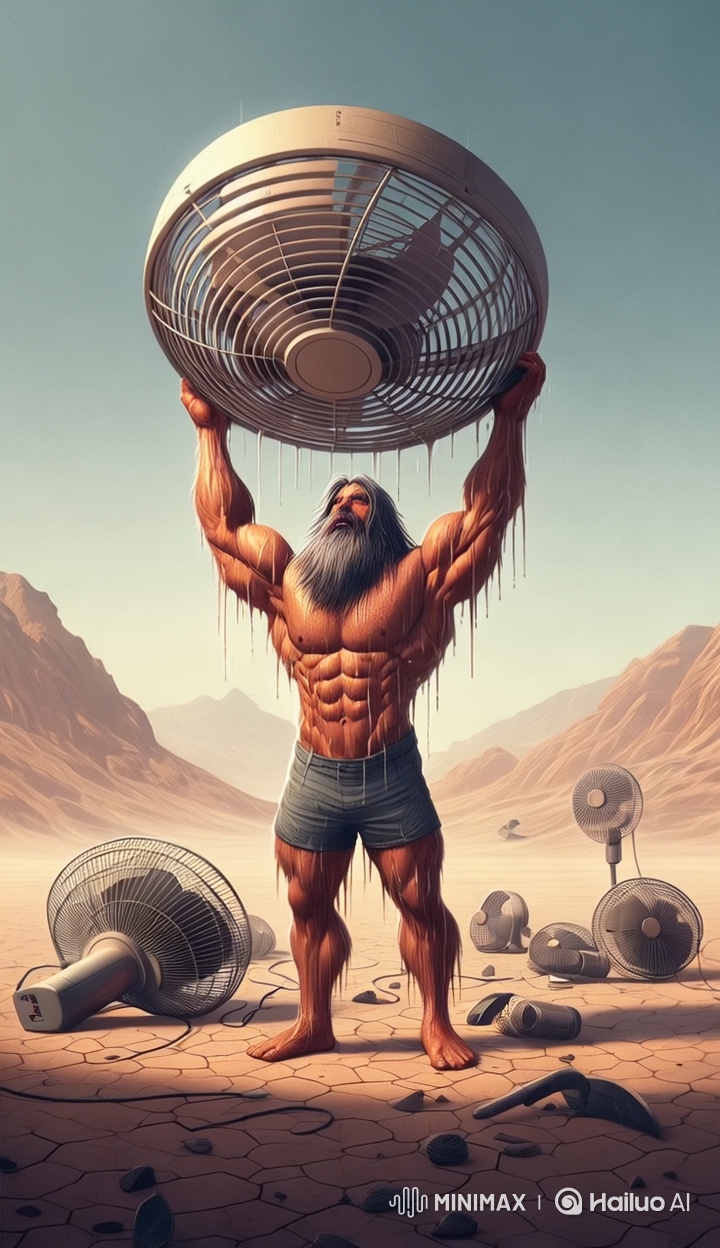 Man Challenges the Heat with a Strong Fan Blast