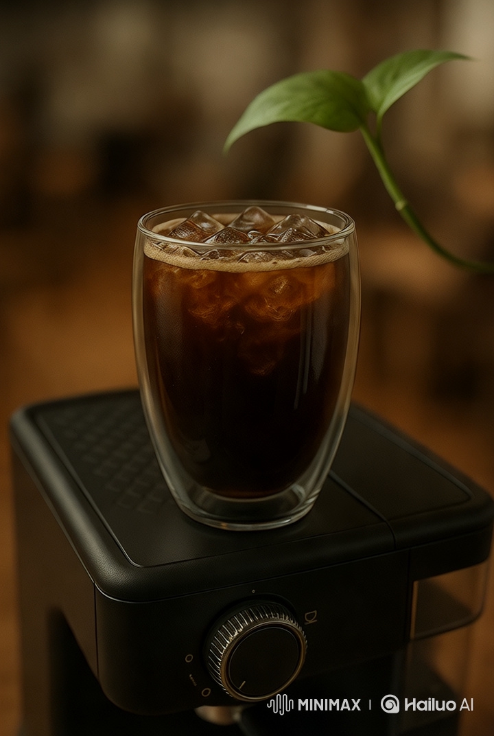 3D Animated Close-Up of Iced Coffee with Modern Espresso Machine