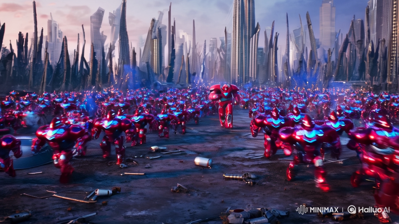 Futuristic Battlefield: Red vs. Blue Robot Armies at Twilight