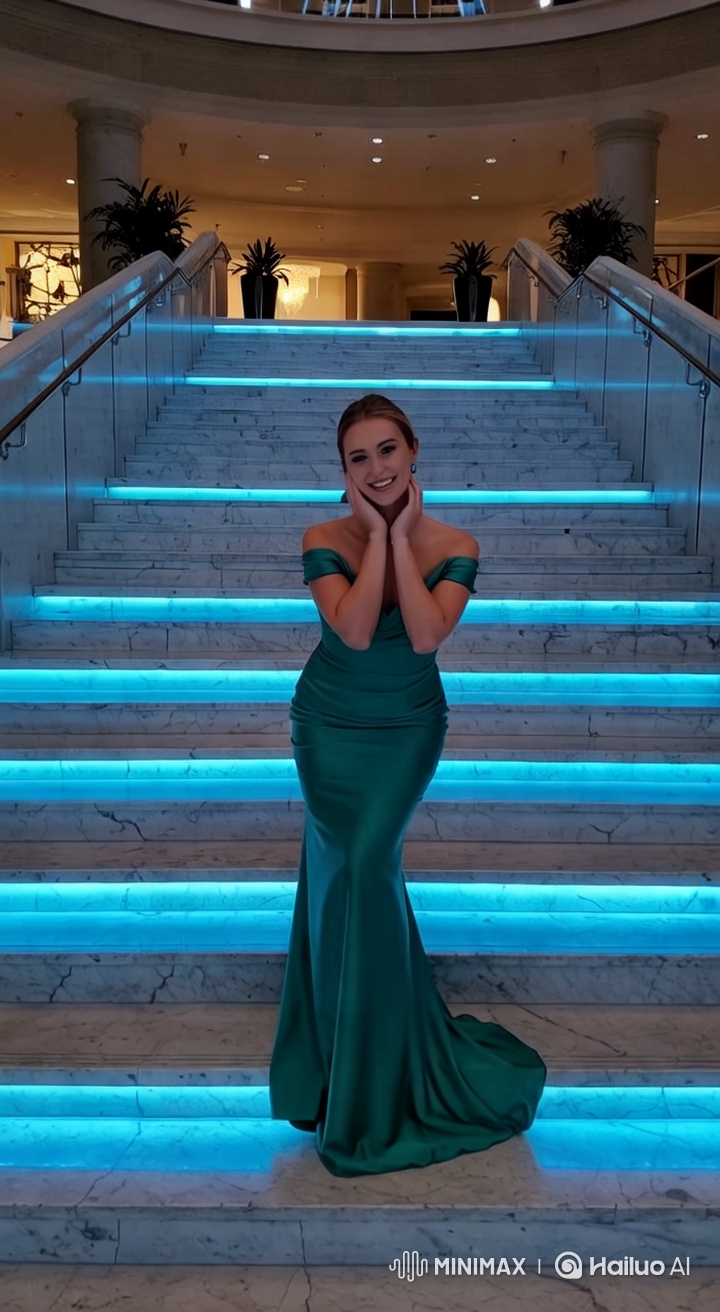 Woman in Elegant Gown Poses on Blue-Lit Marble Staircase
