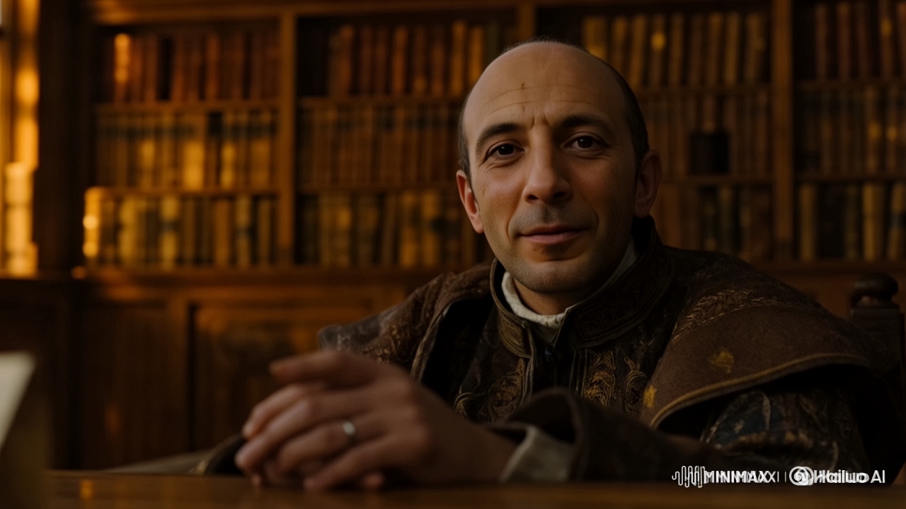 14th-Century Man in Timeless Library Setting