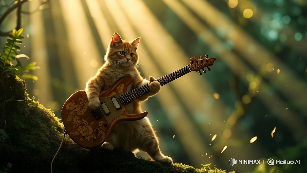 Anthropomorphic Cat Warrior Plays Guitar in 8K Jungle